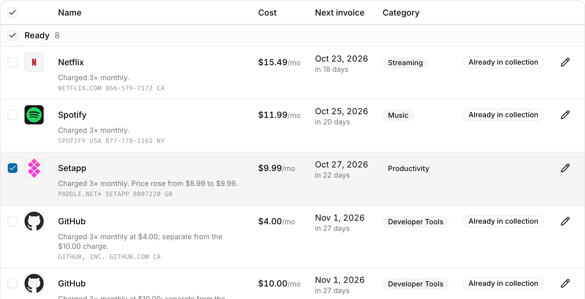 Smart import's review step, listing subscriptions found in a statement with their cost, next invoice date, and category.